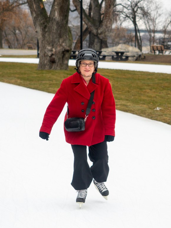 Nancy Bepple skating on the brand new outdoor ice rink